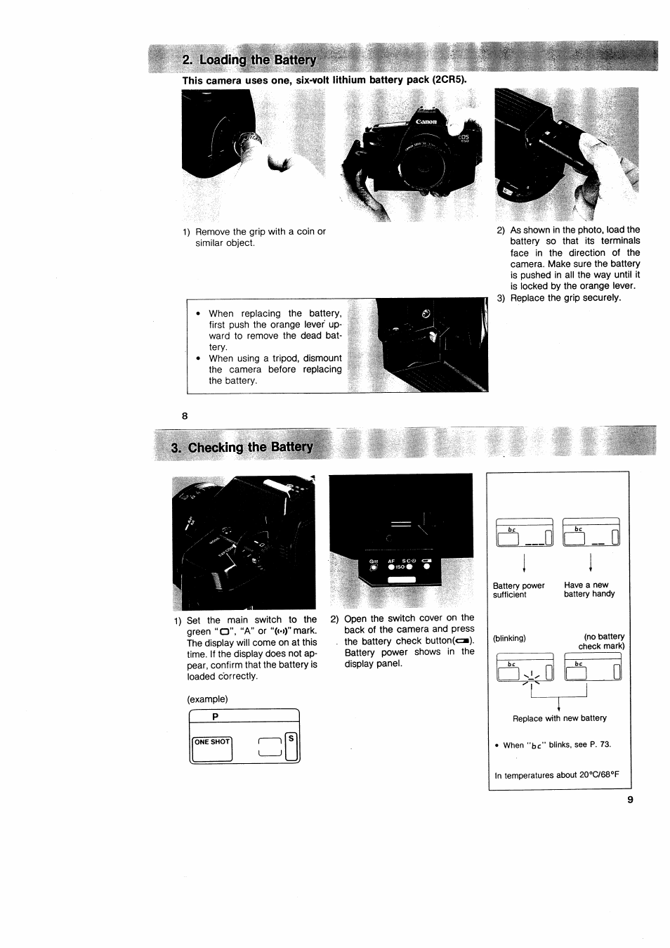 Loiding the battery, 3^ chec^ the battery, Loading the battery 3. checking the battery | Q □ d | Canon EOS 650 User Manual | Page 7 / 45