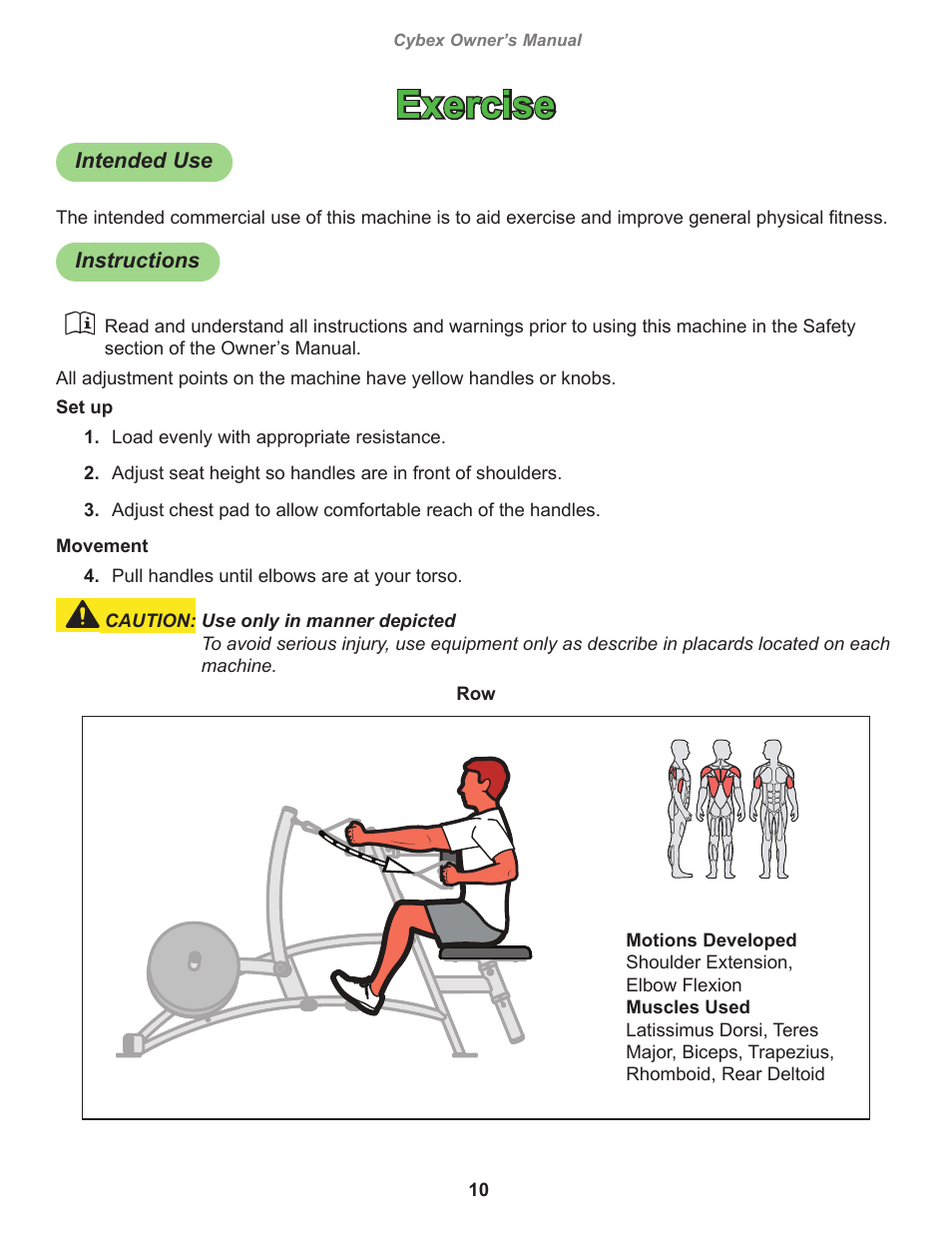 Exercise, Intended use, Instructions | Cybex 16090 Plate Loaded Row User Manual | Page 10 / 18