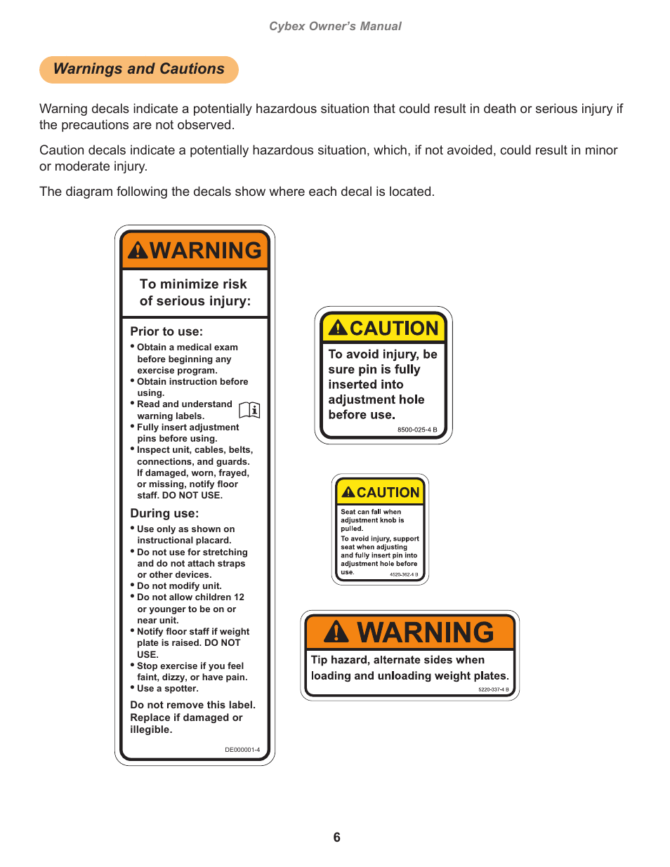 Warnings and cautions, Warning, Owatonna | Cybex owner’s manual, Prior to use, During use, Decal, warning english | Cybex 16090 Plate Loaded Row User Manual | Page 6 / 18