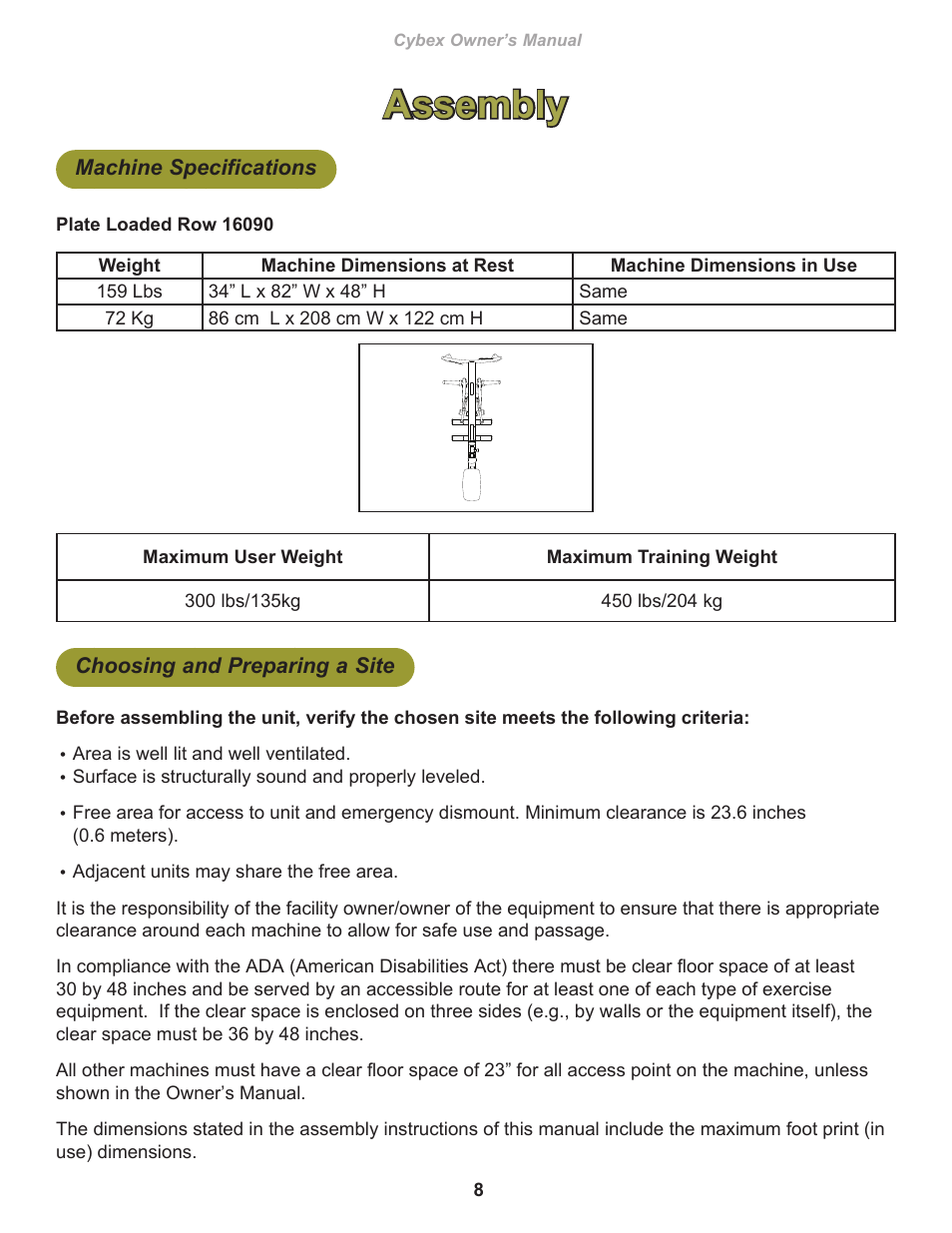 Assembly, Machine specifications, Choosing and preparing a site | Cybex 16090 Plate Loaded Row User Manual | Page 8 / 18