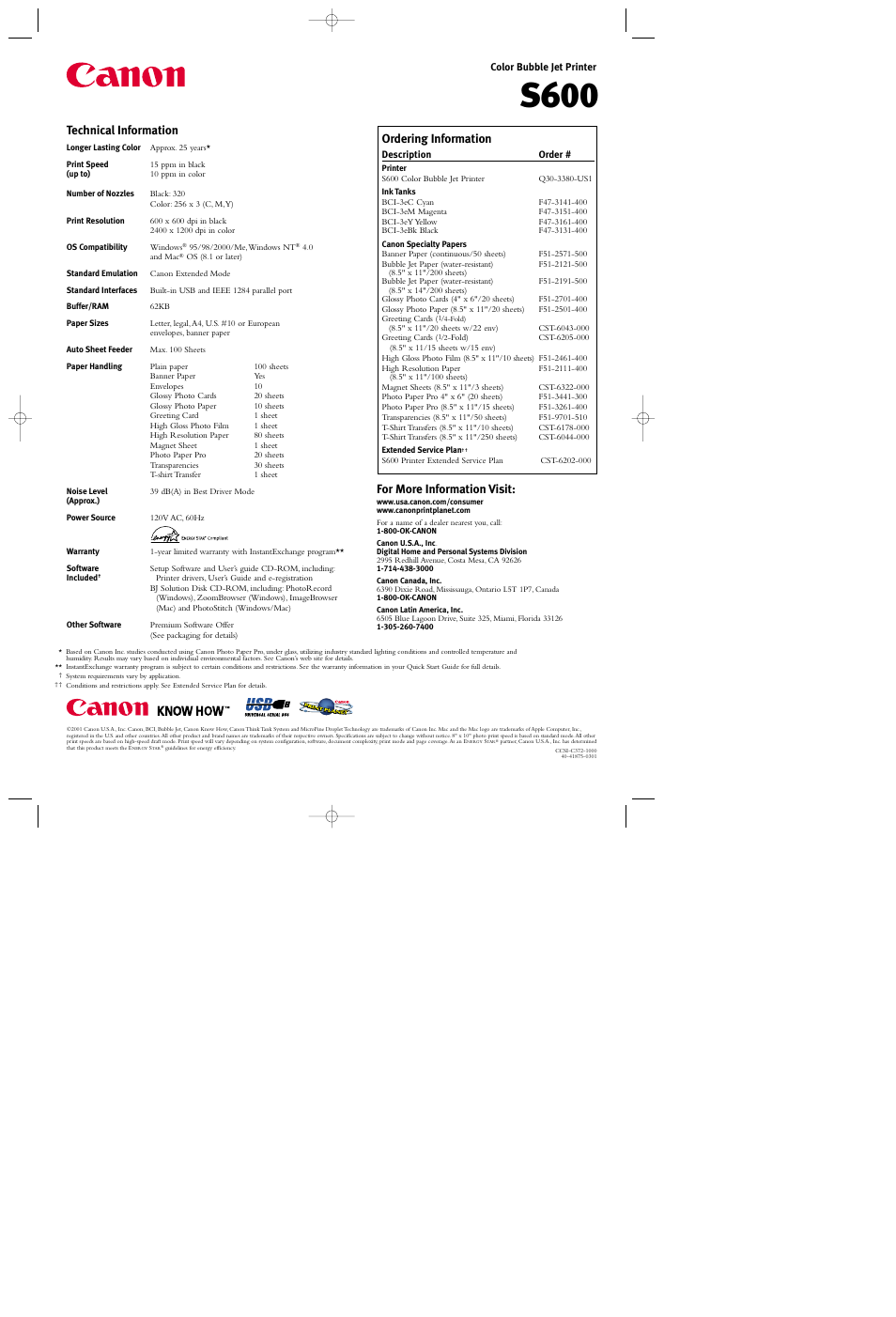 S600, Technical information, Ordering information | For more information visit | Canon Color Bubble S600 User Manual | Page 2 / 2