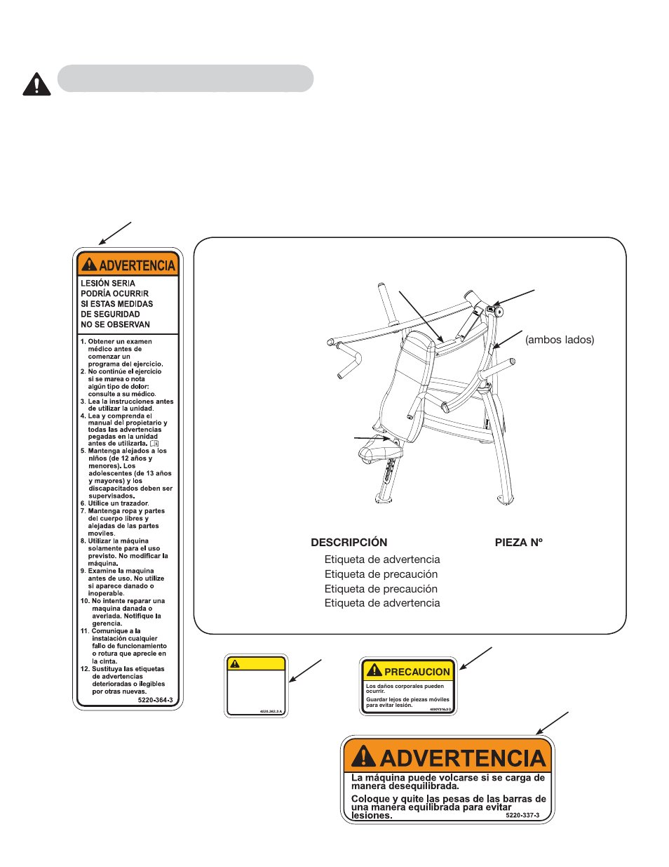 Etiquetas de advertencia/precaución | Cybex 16100 Plate Loaded Overhead Press User Manual | Page 9 / 22