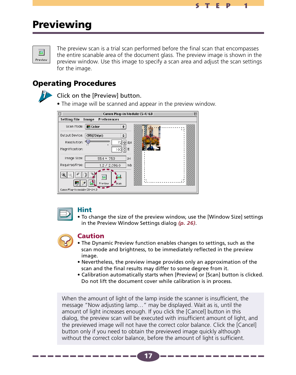 Previewing, P. 17, Operating procedures | Canon D646U User Manual | Page 17 / 69