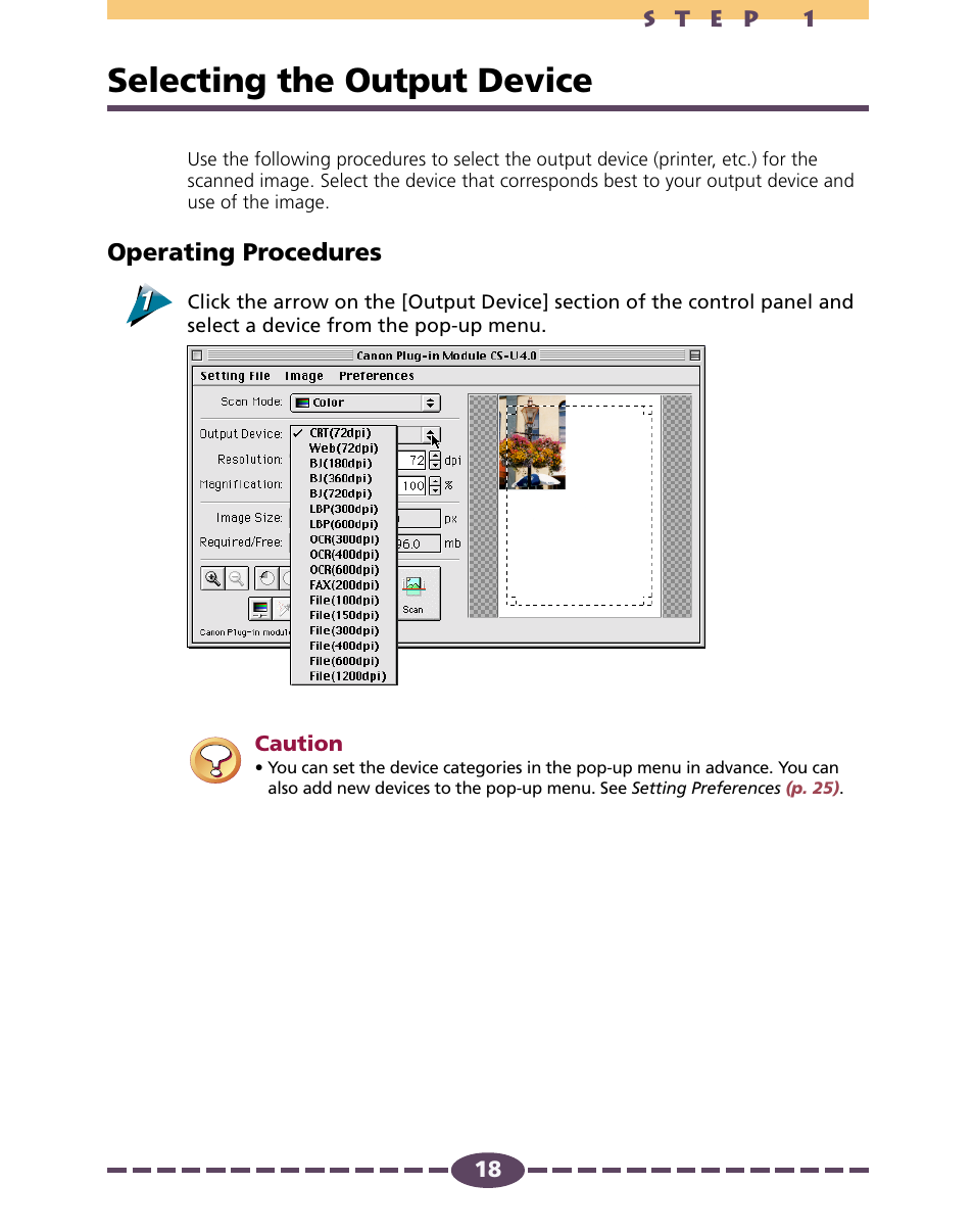 Selecting the output device, P. 18, Pp. 18-22 | P. 18), Operating procedures | Canon D646U User Manual | Page 18 / 69