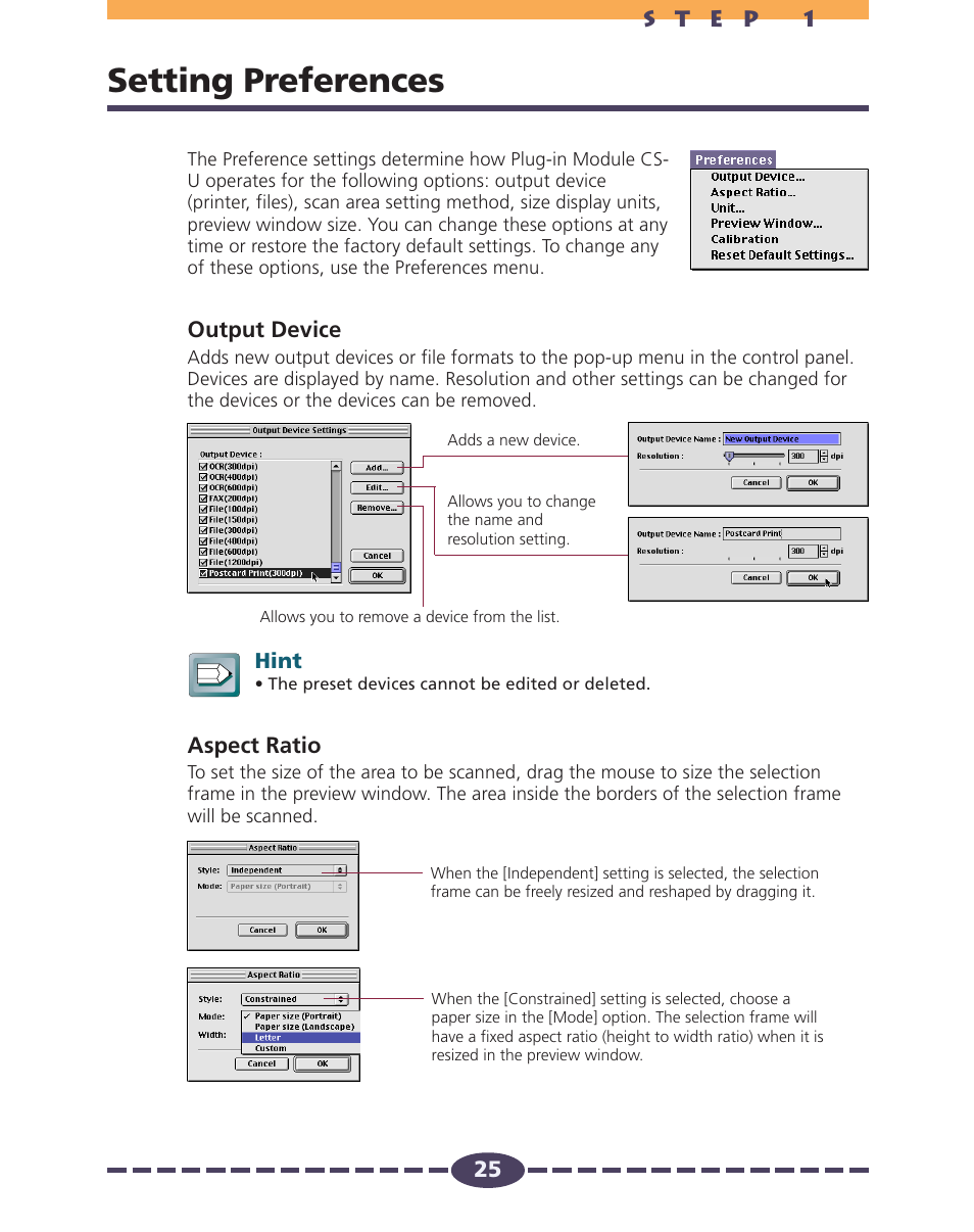 Setting preferences, Output device, Aspect ratio | Pp. 25-28, P. 25 | Canon D646U User Manual | Page 25 / 69