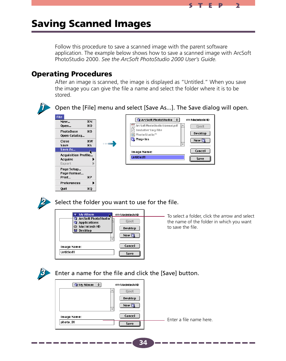 Saving scanned images, P. 34, Operating procedures | Canon D646U User Manual | Page 34 / 69