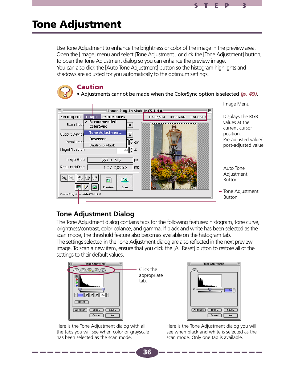 Tone adjustment, P. 36-48, Pp. 36-48 | P. 36, Tone adjustment dialog | Canon D646U User Manual | Page 36 / 69