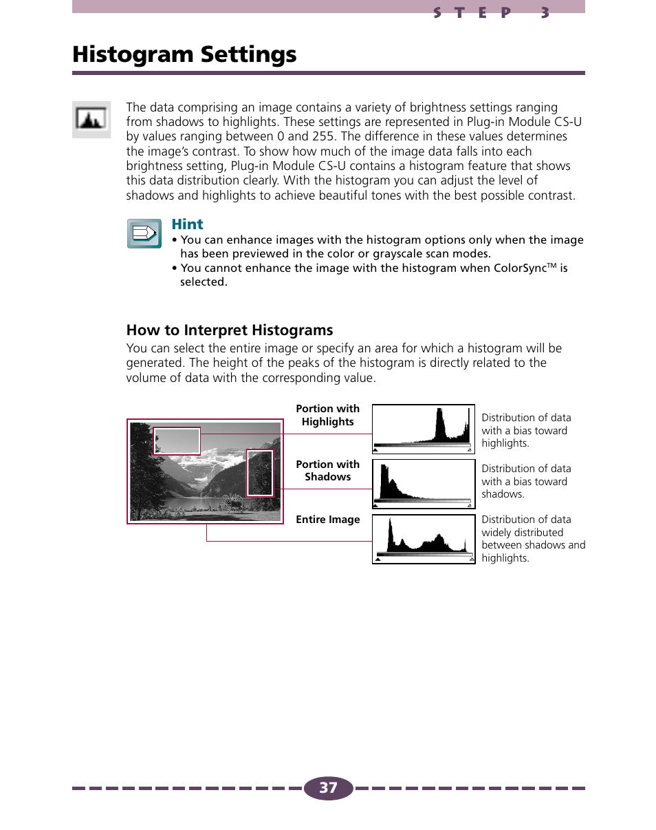 Histogram settings, P. 37, How to interpret histograms | Hint | Canon D646U User Manual | Page 37 / 69