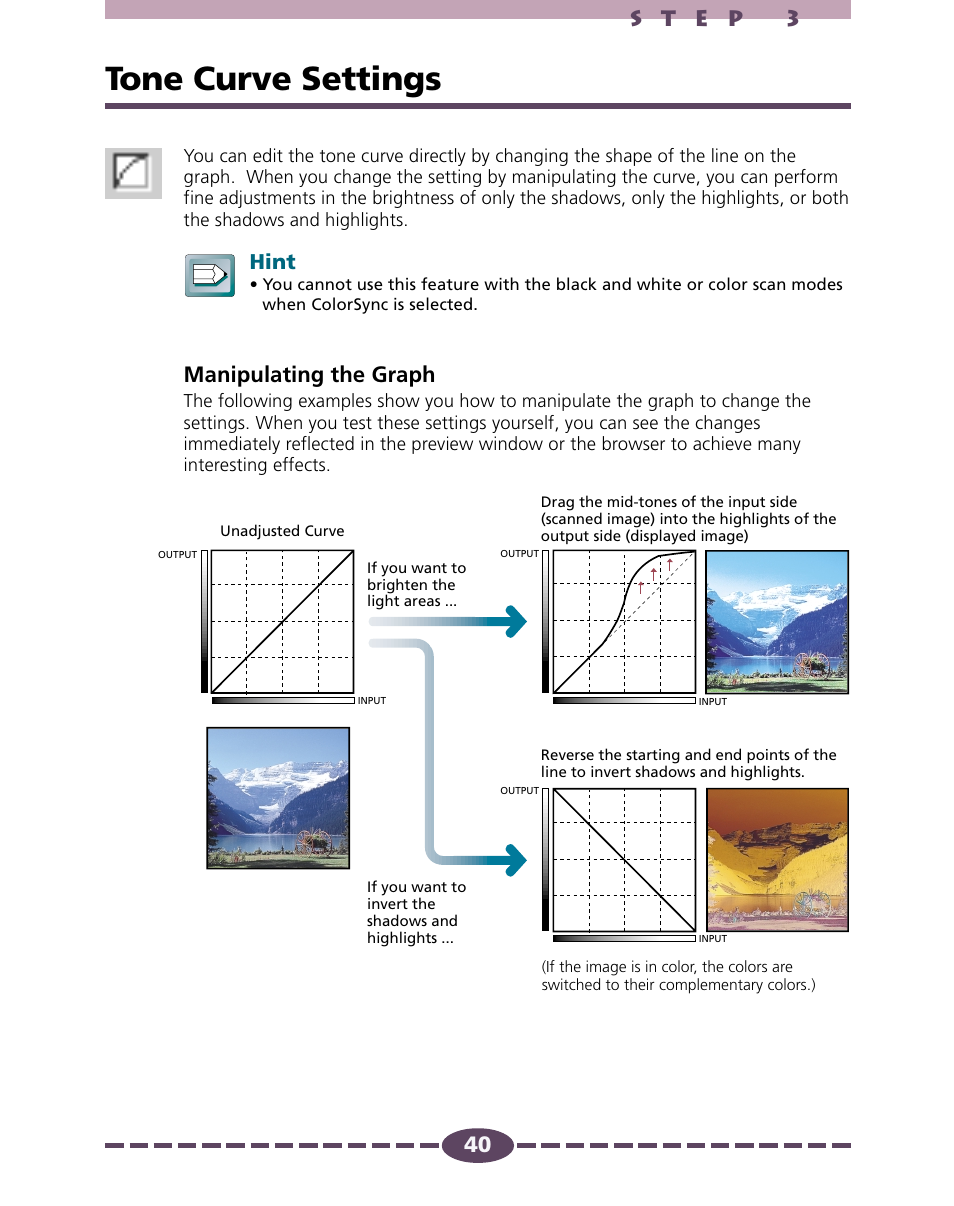 Tone curve settings, P. 40, Manipulating the graph | Hint | Canon D646U User Manual | Page 40 / 69