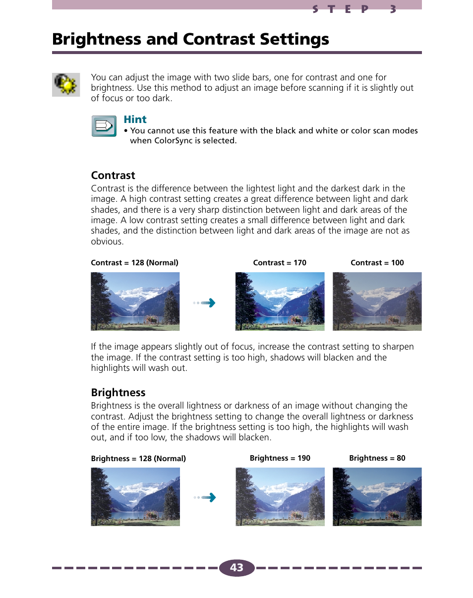 Brightness and contrast settings, P. 43 | Canon D646U User Manual | Page 43 / 69