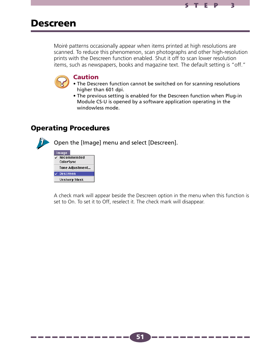 Descreen, P. 51, Operating procedures | Canon D646U User Manual | Page 51 / 69