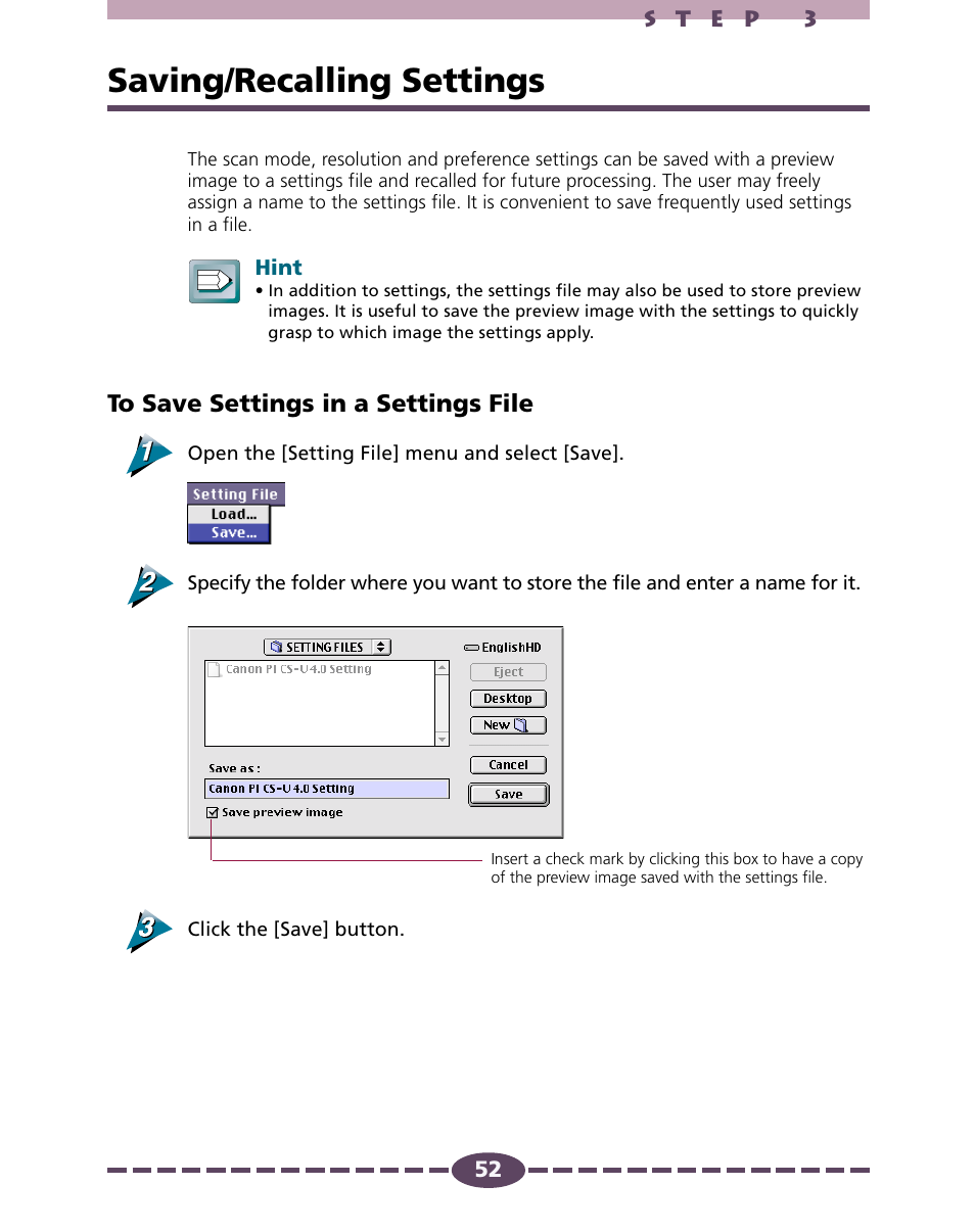 Saving/recalling settings, P. 52 | Canon D646U User Manual | Page 52 / 69