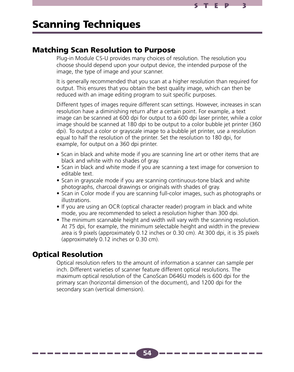 Scanning techniques, P. 54, Matching scan resolution to purpose | Optical resolution | Canon D646U User Manual | Page 54 / 69