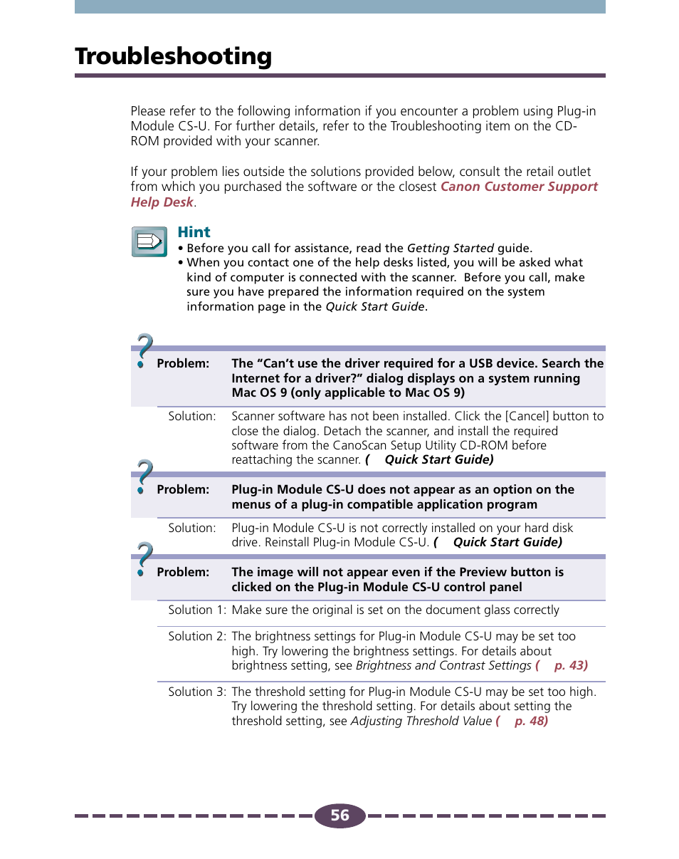 Troubleshooting, P. 56 | Canon D646U User Manual | Page 56 / 69