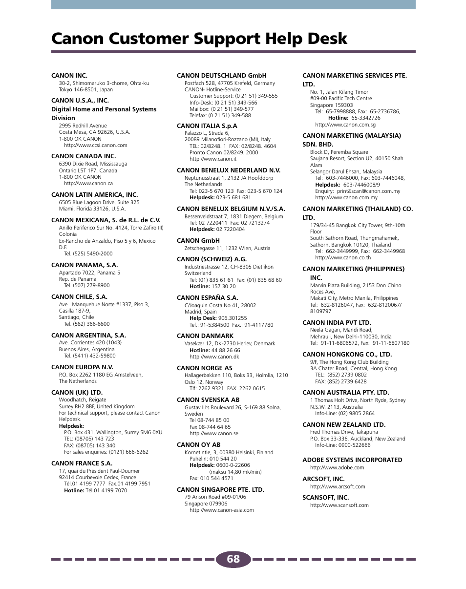 Canon customer support help desk, P. 68, Canon customer support | Help desk, Contact your nearest, Canon, Customer support help desk, Contact the nearest | Canon D646U User Manual | Page 68 / 69