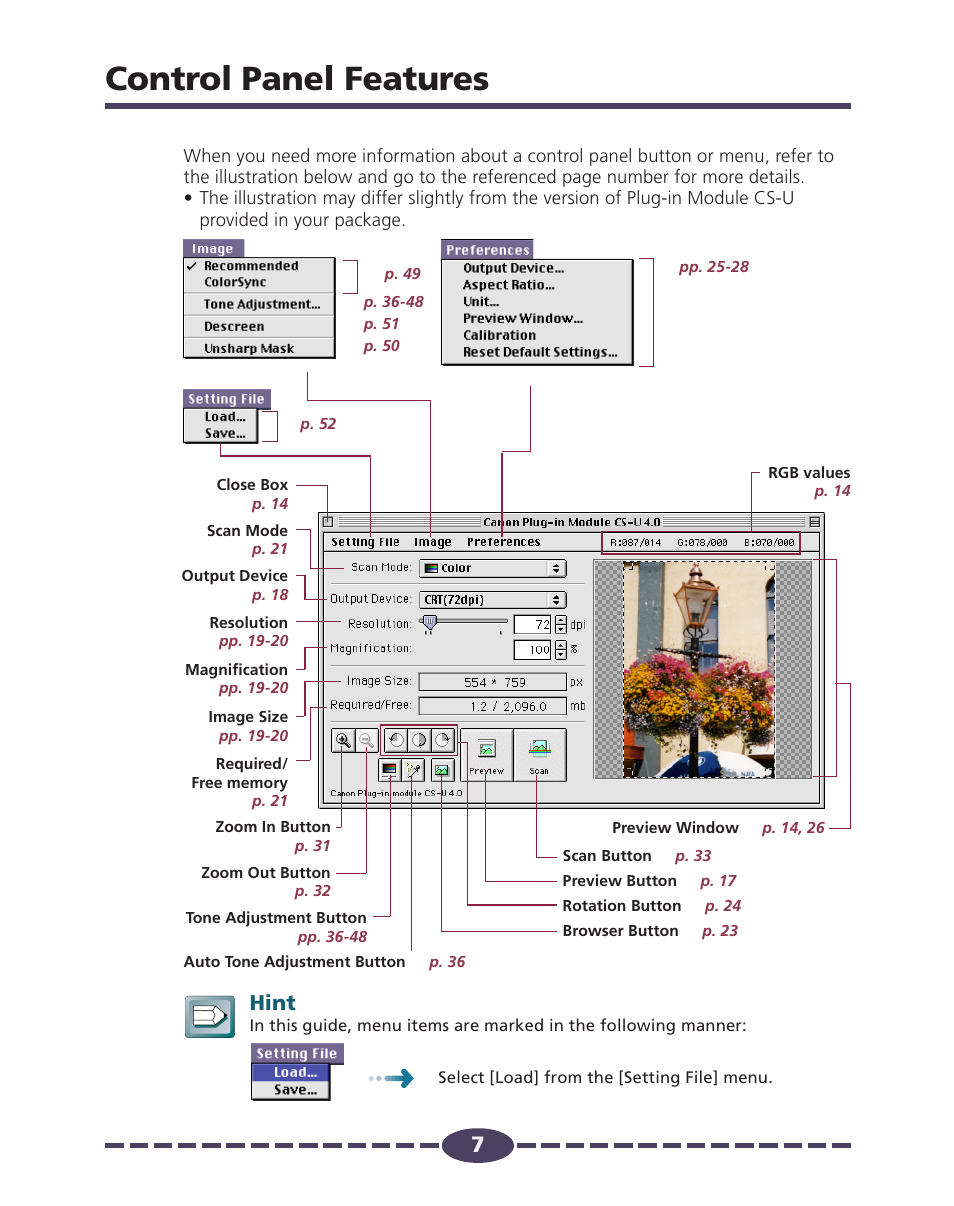 Control panel features, Hint | Canon D646U User Manual | Page 7 / 69