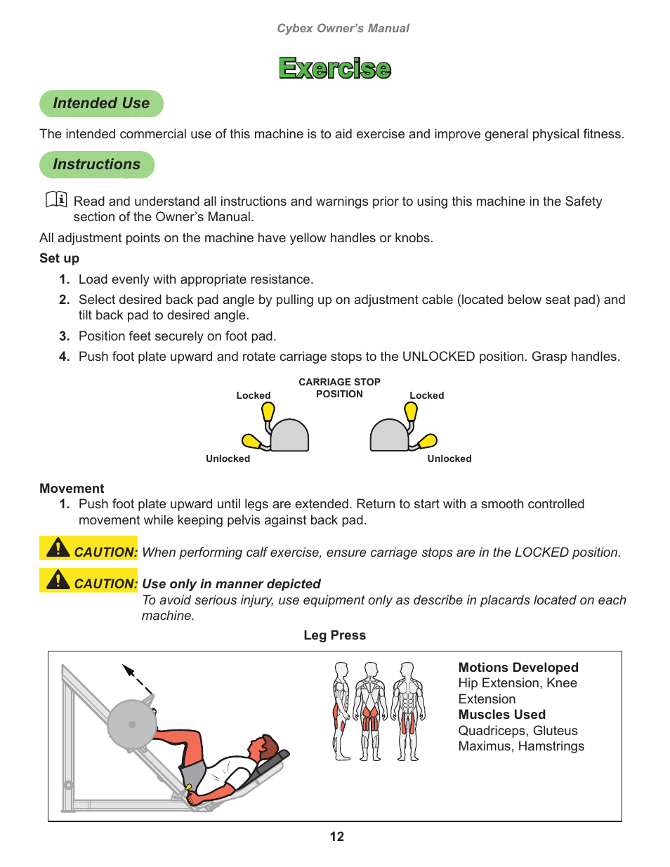 Exercise, Intended use, Instructions | Cybex 16110 Plate Loaded Leg Press User Manual | Page 12 / 20