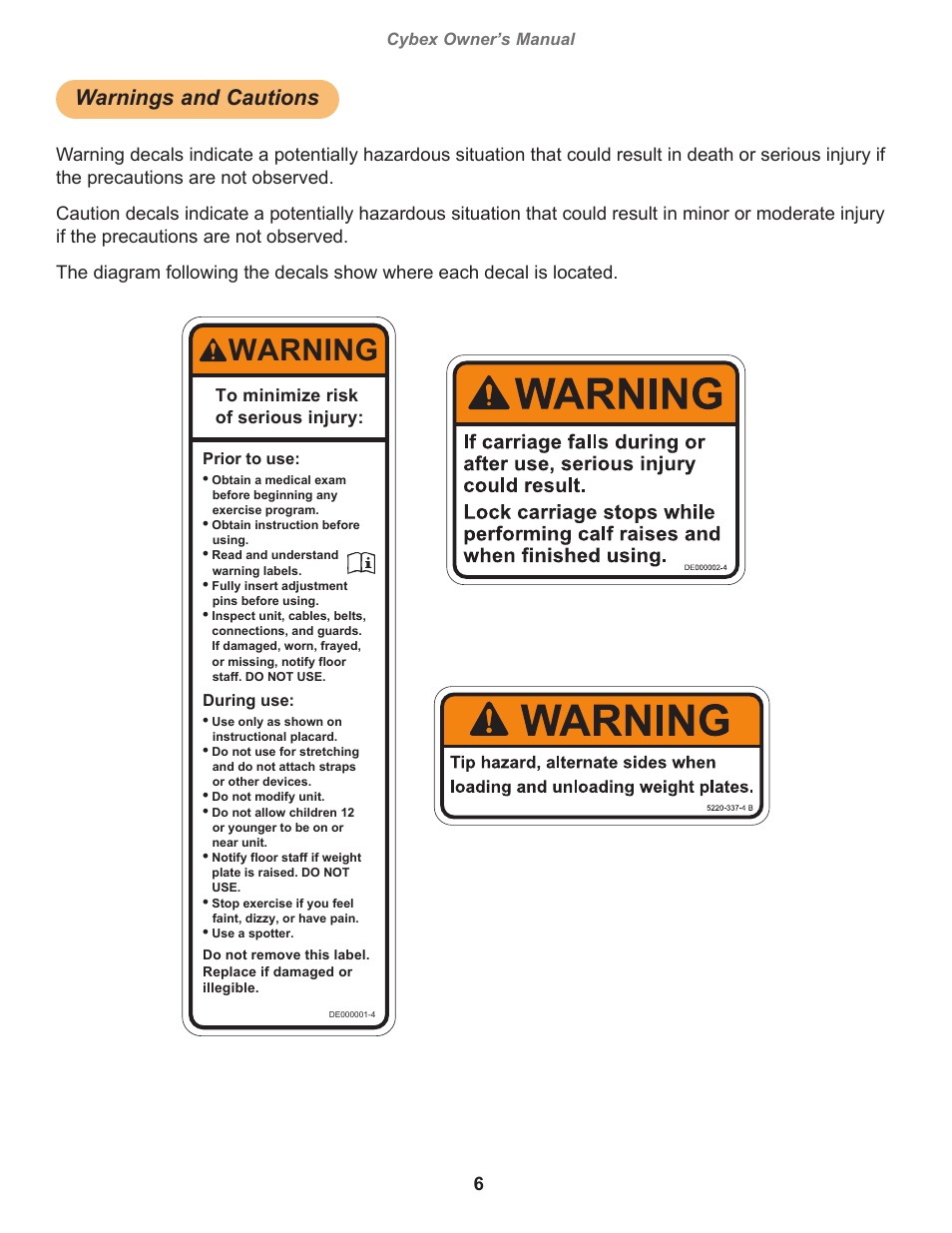 Warnings and cautions, Warning, Cybex owner’s manual | Decal, warning english, Owatonna, Prior to use, During use | Cybex 16110 Plate Loaded Leg Press User Manual | Page 6 / 20