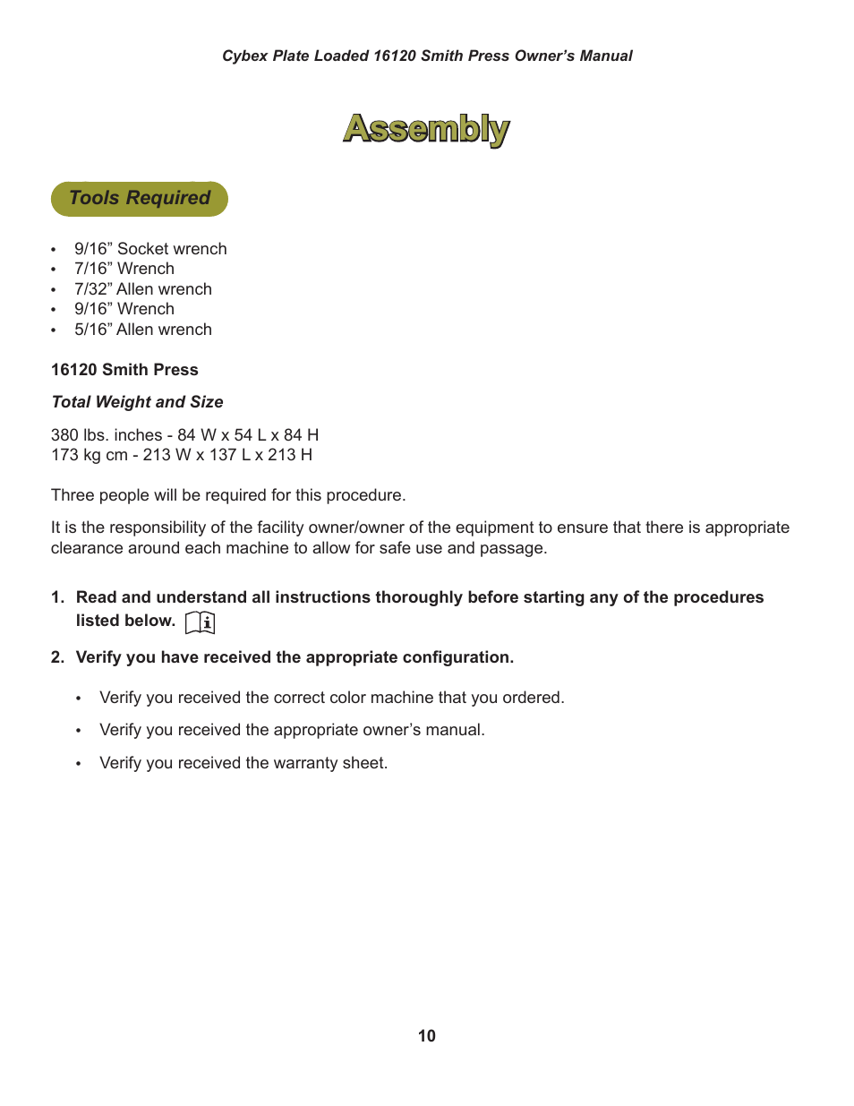 Assembly, Tools required | Cybex 16120 Plate Loaded Smith Press User Manual | Page 10 / 30