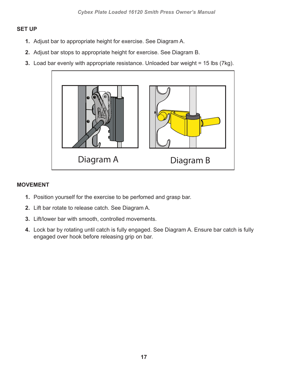 Diagram a diagram b | Cybex 16120 Plate Loaded Smith Press User Manual | Page 17 / 30