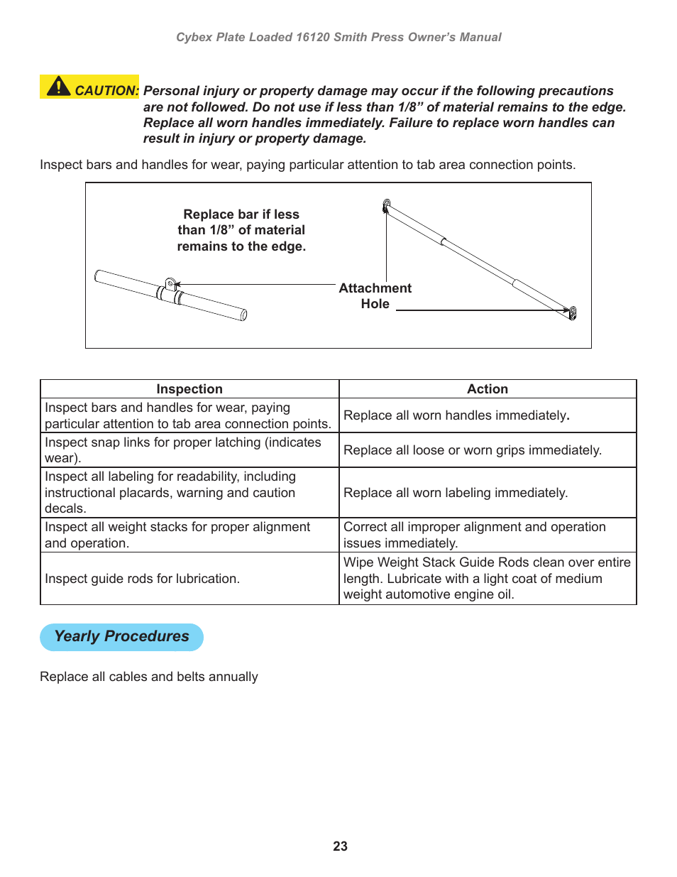Yearly procedures | Cybex 16120 Plate Loaded Smith Press User Manual | Page 23 / 30