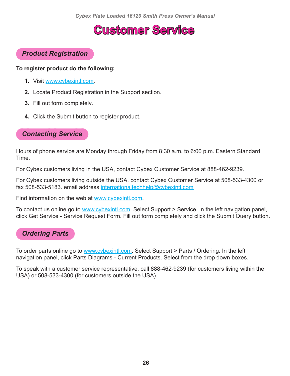 Customer service, Product registration, Contacting service | Ordering parts | Cybex 16120 Plate Loaded Smith Press User Manual | Page 26 / 30