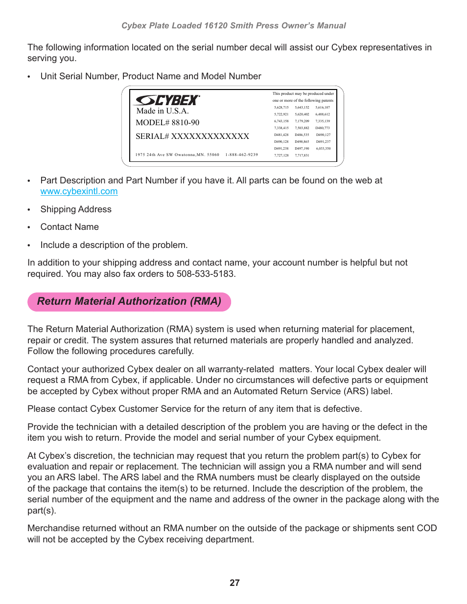 Return material authorization (rma), Serial number 8800 decal, Unit serial number, product name and model number | Owatonna, Shipping address, Contact name | Cybex 16120 Plate Loaded Smith Press User Manual | Page 27 / 30