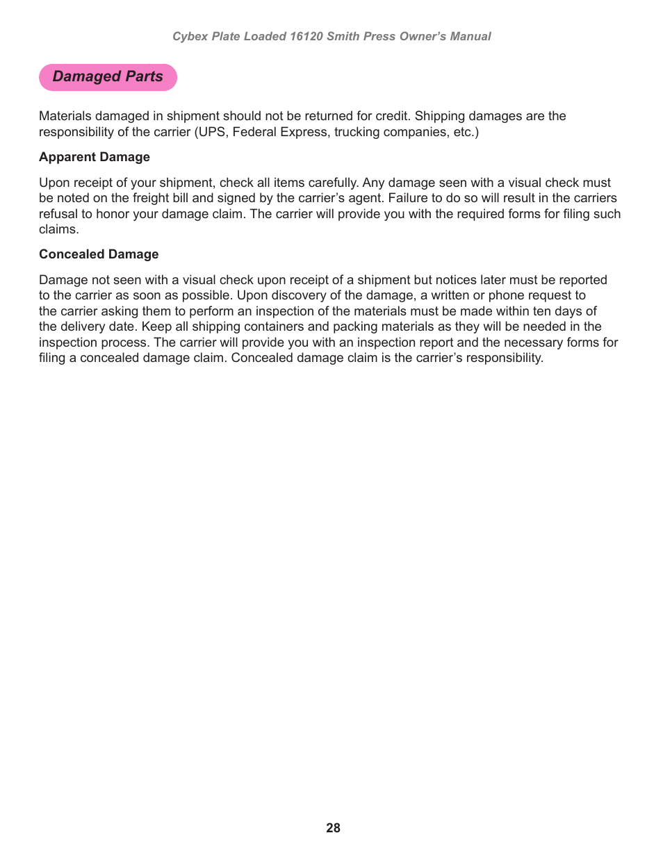 Damaged parts | Cybex 16120 Plate Loaded Smith Press User Manual | Page 28 / 30