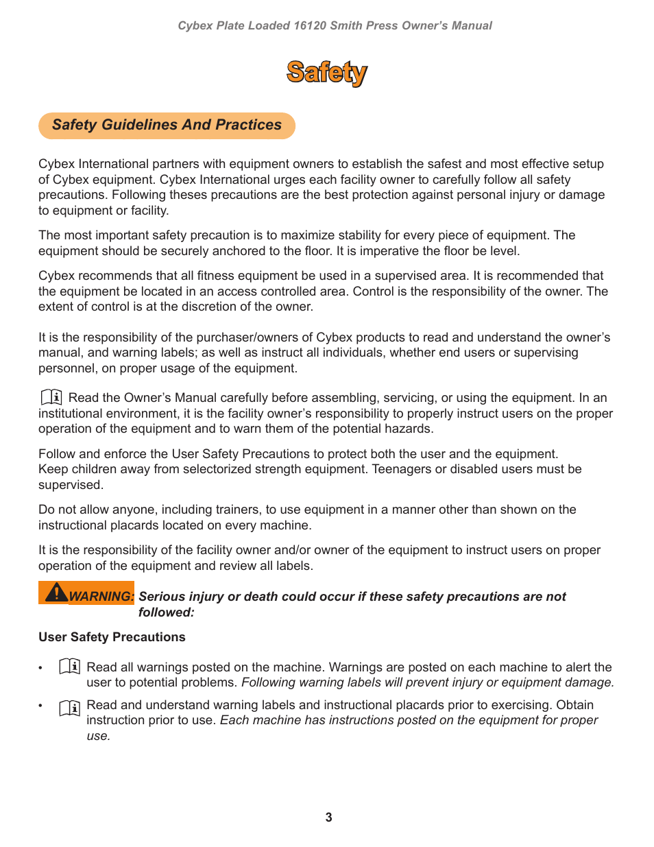 Safety, Safety guidelines and practices | Cybex 16120 Plate Loaded Smith Press User Manual | Page 3 / 30