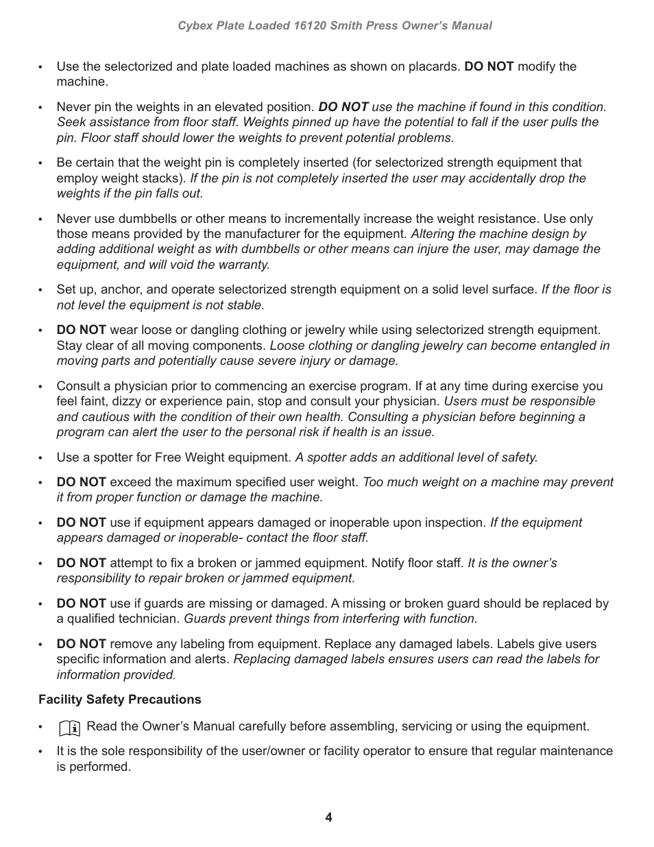 Cybex 16120 Plate Loaded Smith Press User Manual | Page 4 / 30