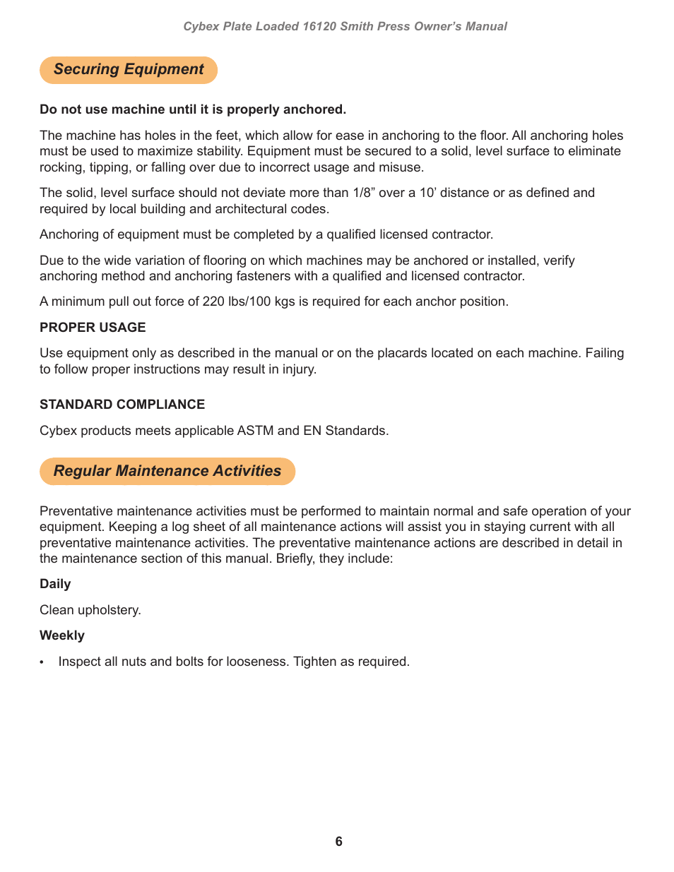 Securing equipment, Regular maintenance activities | Cybex 16120 Plate Loaded Smith Press User Manual | Page 6 / 30