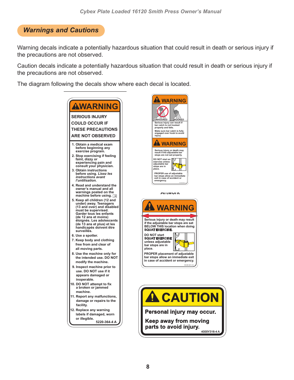 Warnings and cautions, Caution, Specs master artwork | Warning, Personal injury may occur, Keep away from moving parts to avoid injury, Owatonna, Master artwork specs, Jkw/bg 4/1/09 | Cybex 16120 Plate Loaded Smith Press User Manual | Page 8 / 30