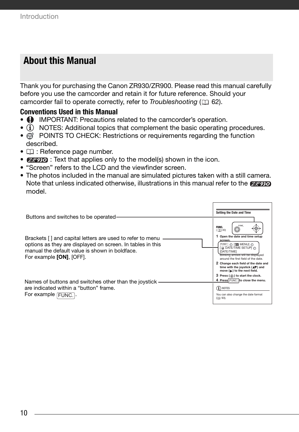About this manual, Conventions used in this manual, Introduction | Canon Digital Video Camcorder ZR900 User Manual | Page 12 / 85