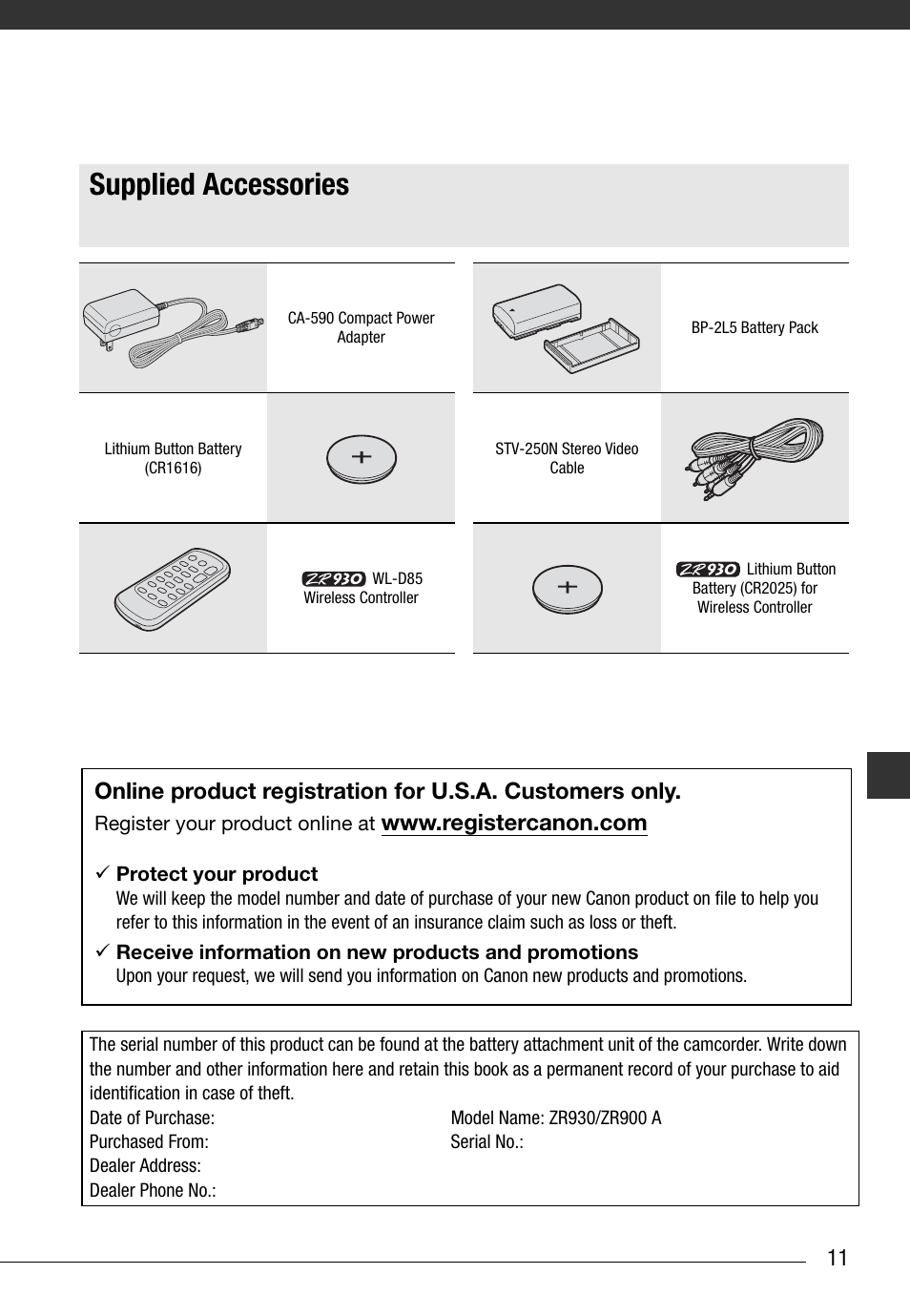 Supplied accessories, Getting to know the camcorder | Canon Digital Video Camcorder ZR900 User Manual | Page 13 / 85