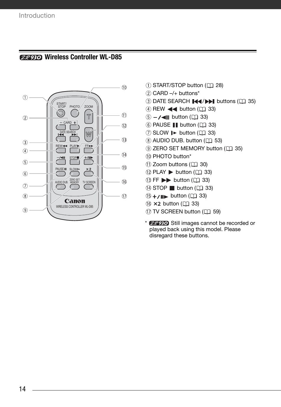 Wireless controller wl-d85, Introduction | Canon Digital Video Camcorder ZR900 User Manual | Page 16 / 85