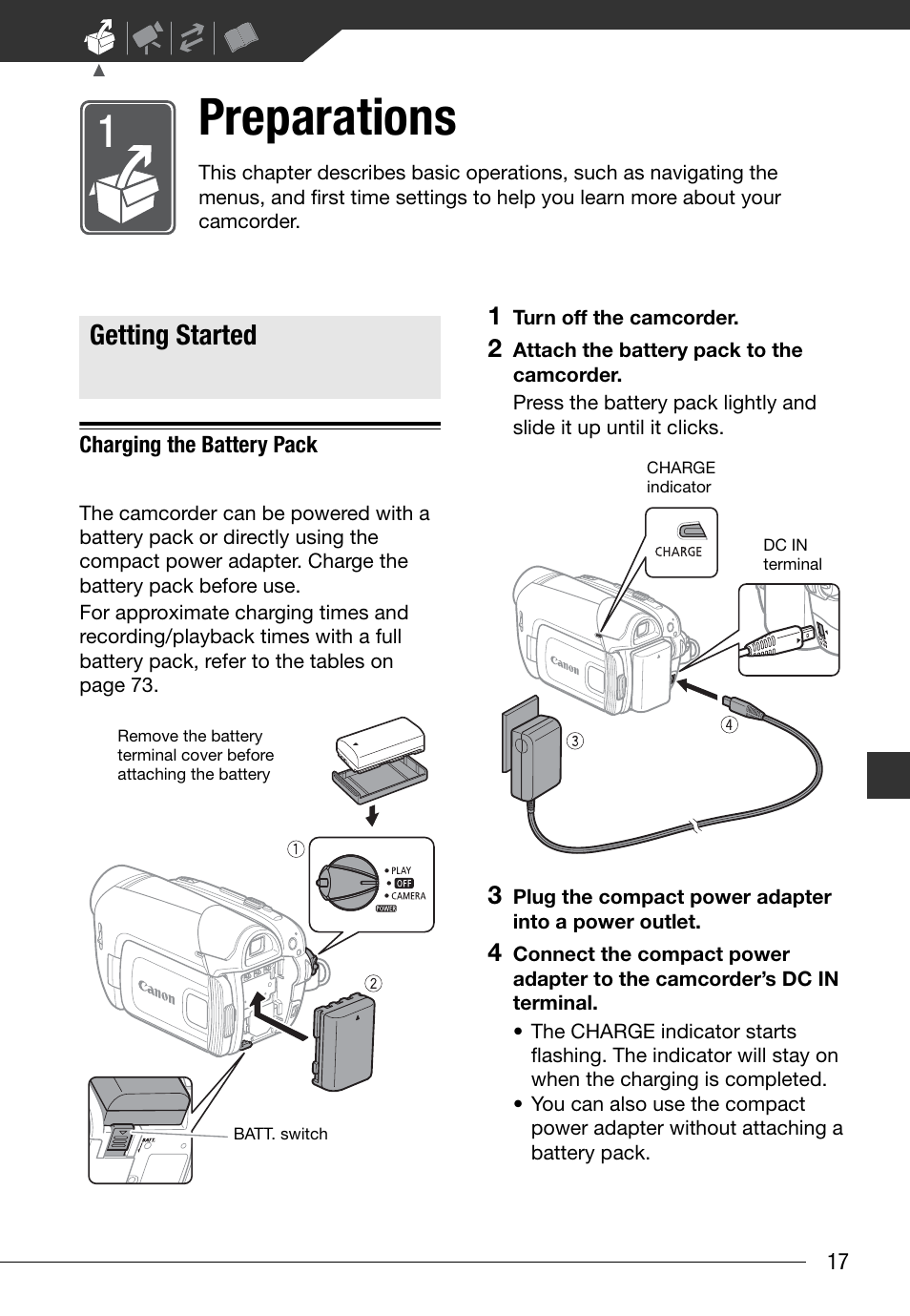 Preparations, Getting started, Charging the battery pack | Canon Digital Video Camcorder ZR900 User Manual | Page 19 / 85