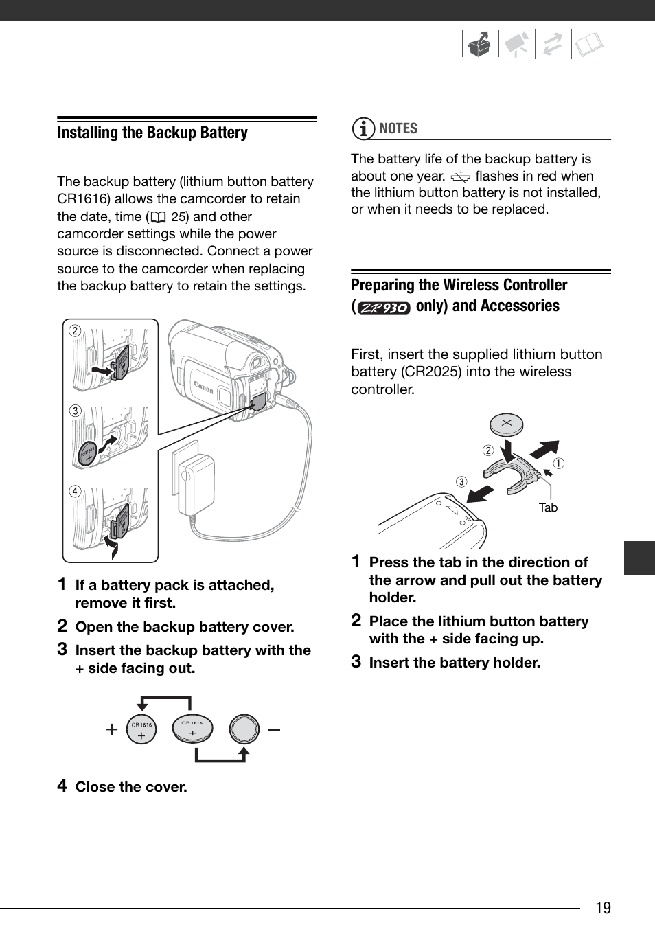 Installing the backup battery, Preparing the wireless controller, Only) | And accessories | Canon Digital Video Camcorder ZR900 User Manual | Page 21 / 85