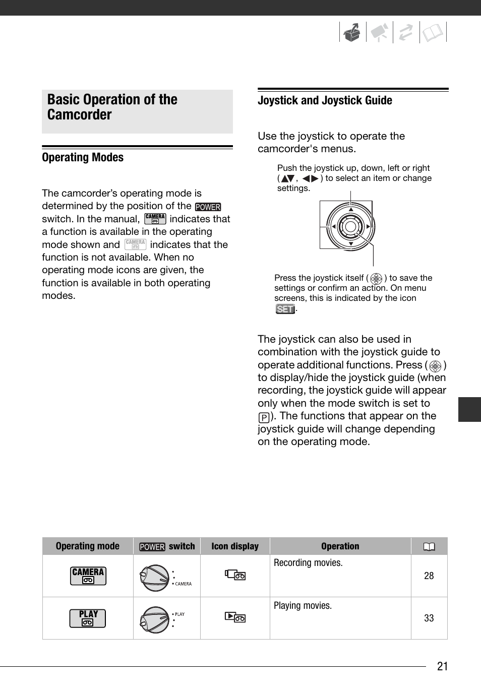 Basic operation of the camcorder, Operating modes, Joystick and joystick guide | Canon Digital Video Camcorder ZR900 User Manual | Page 23 / 85
