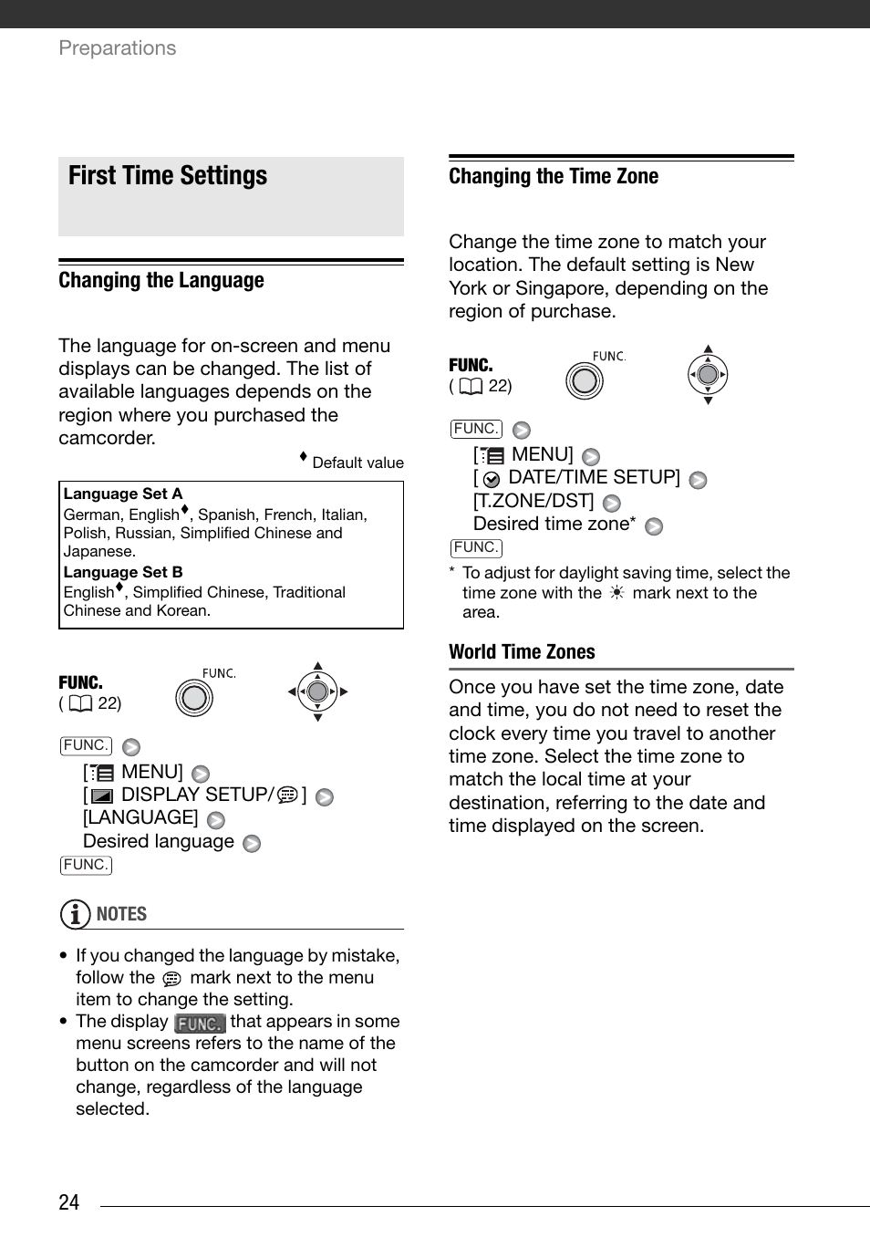 First time settings, Changing the language, Changing the time zone | World time zones | Canon Digital Video Camcorder ZR900 User Manual | Page 26 / 85