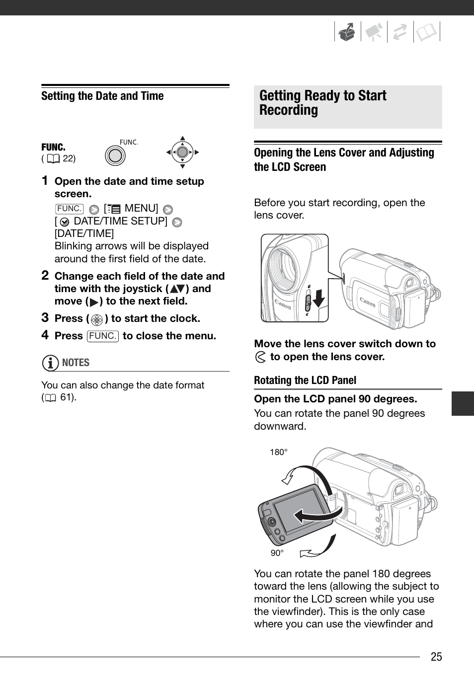 Setting the date and time, Getting ready to start recording, Rotating the lcd panel | Canon Digital Video Camcorder ZR900 User Manual | Page 27 / 85