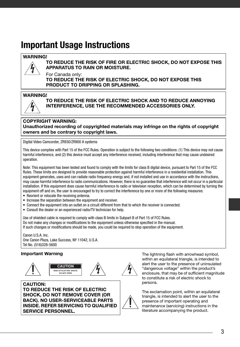 Important usage instructions | Canon Digital Video Camcorder ZR900 User Manual | Page 3 / 85