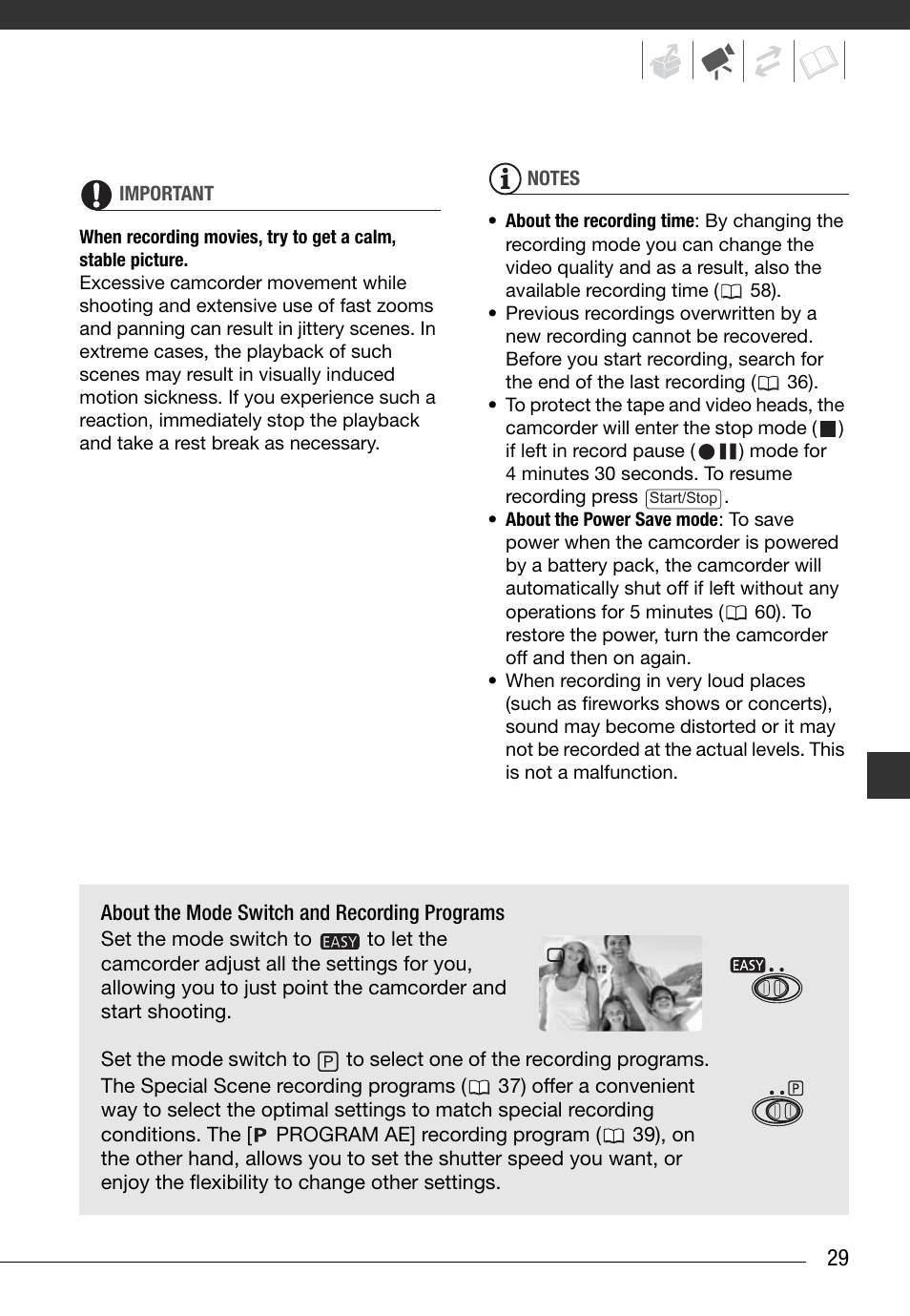 About the mode switch and recording programs | Canon Digital Video Camcorder ZR900 User Manual | Page 31 / 85