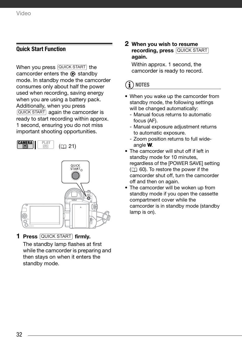 Quick start function | Canon Digital Video Camcorder ZR900 User Manual | Page 34 / 85