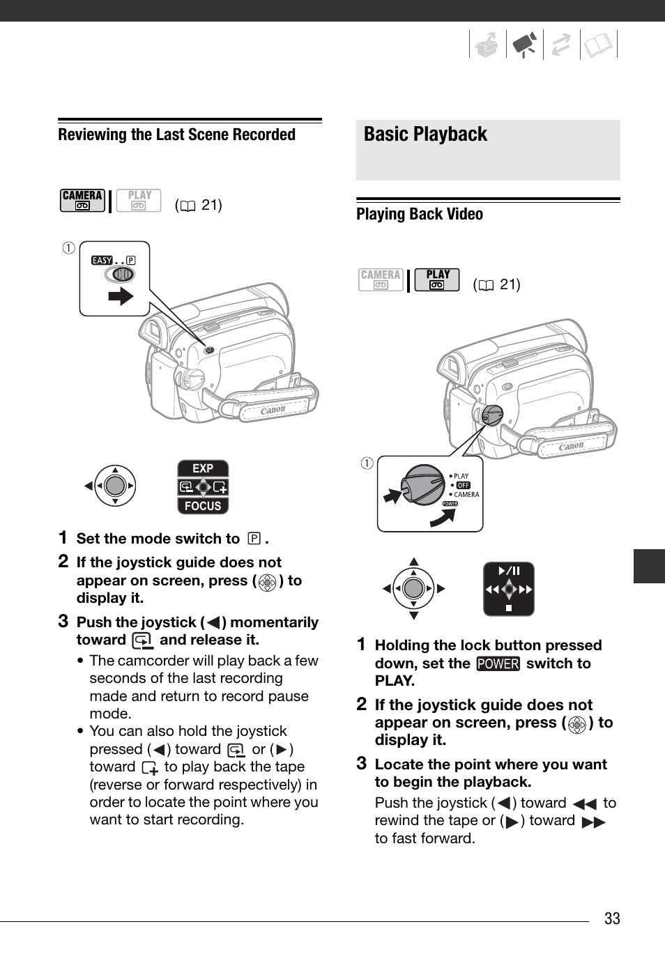 Reviewing the last scene recorded, Basic playback, Playing back video | Canon Digital Video Camcorder ZR900 User Manual | Page 35 / 85