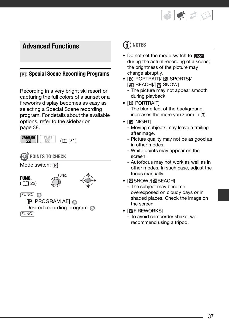 Advanced functions, Special scene recording programs, Advanced function | Canon Digital Video Camcorder ZR900 User Manual | Page 39 / 85