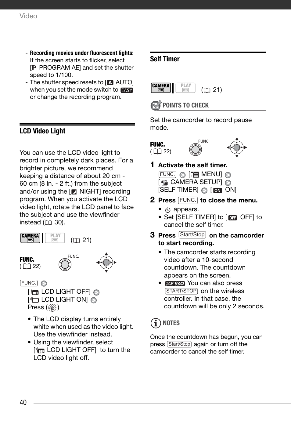 Lcd video light, Self timer | Canon Digital Video Camcorder ZR900 User Manual | Page 42 / 85