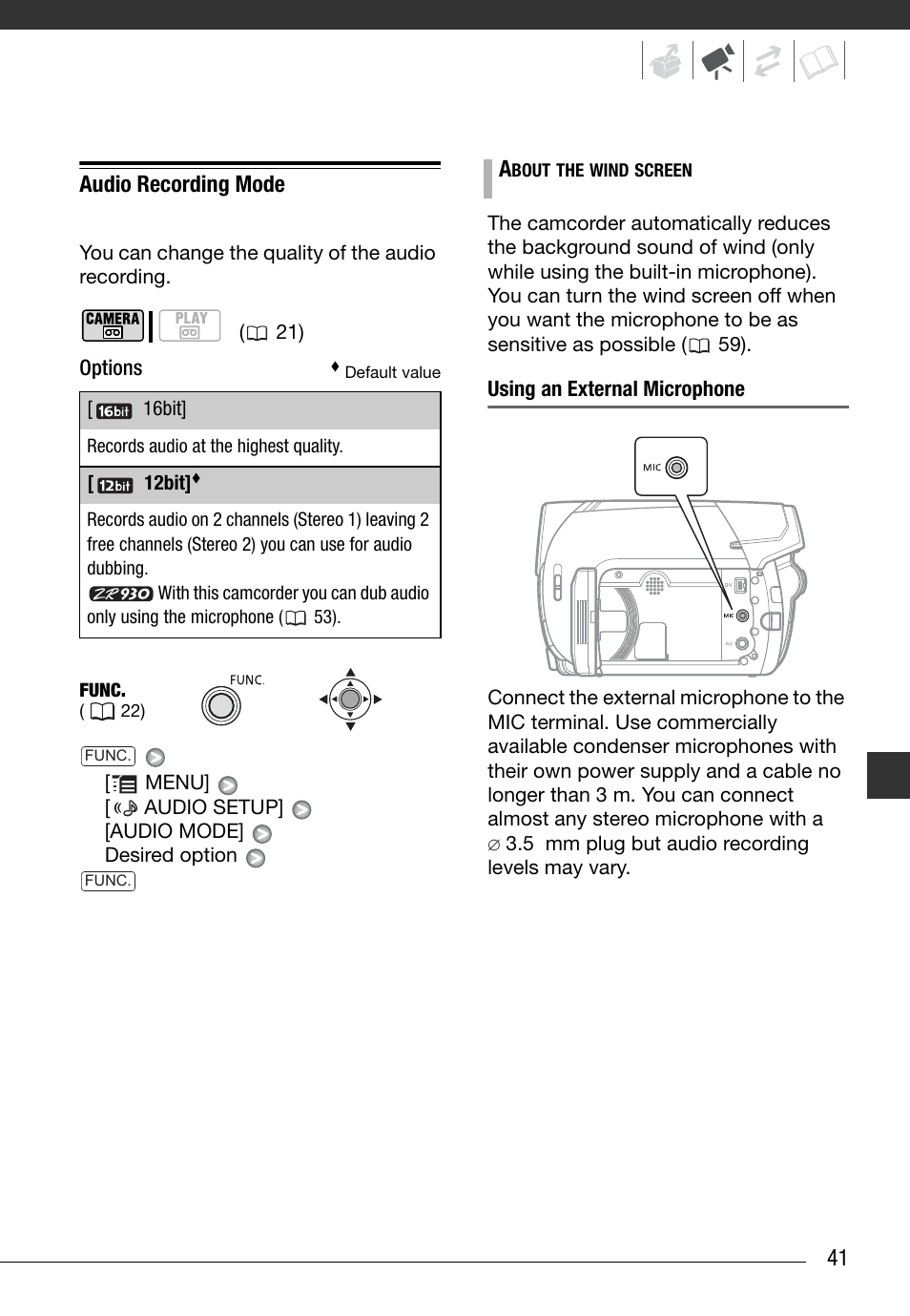 Audio recording mode, Options, Using an external microphone | 41 audio recording mode | Canon Digital Video Camcorder ZR900 User Manual | Page 43 / 85