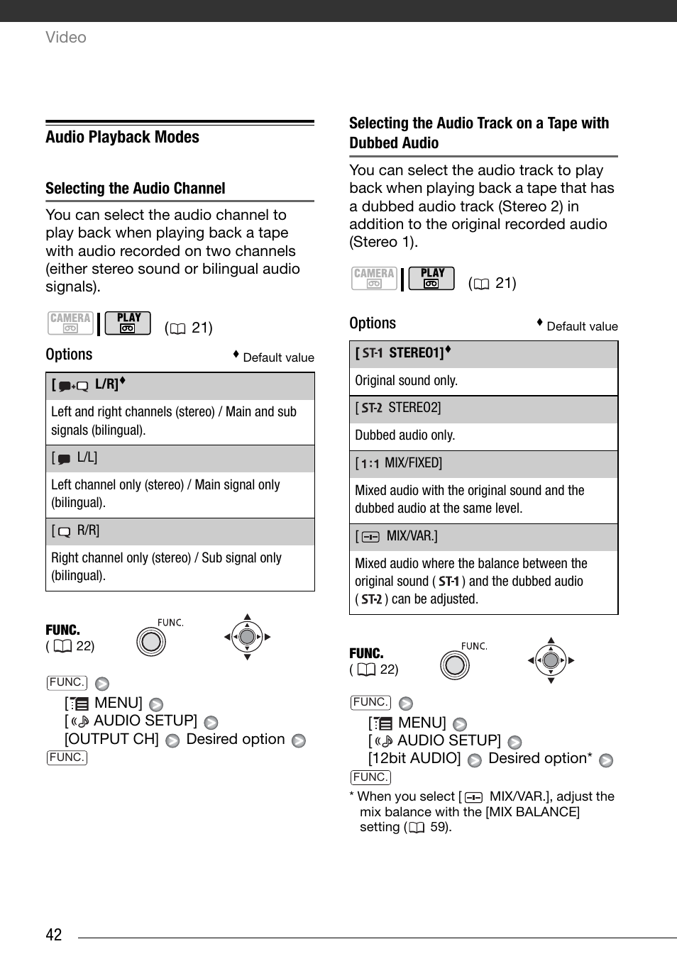 Audio playback modes, Selecting the audio channel, Options | 42 audio playback modes | Canon Digital Video Camcorder ZR900 User Manual | Page 44 / 85