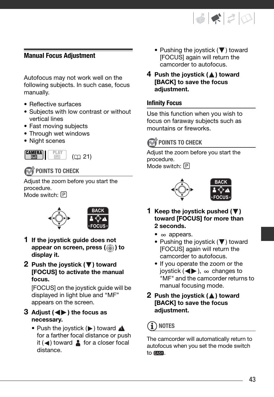 Manual focus adjustment, Infinity focus | Canon Digital Video Camcorder ZR900 User Manual | Page 45 / 85