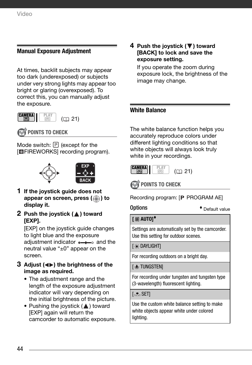 Manual exposure adjustment, White balance, Options | Canon Digital Video Camcorder ZR900 User Manual | Page 46 / 85
